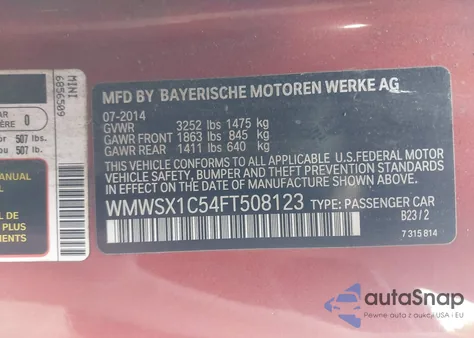 2015 Mini Coupe Cooper z USA, uszkodzony, nr VIN WMWSX1C54FT508123